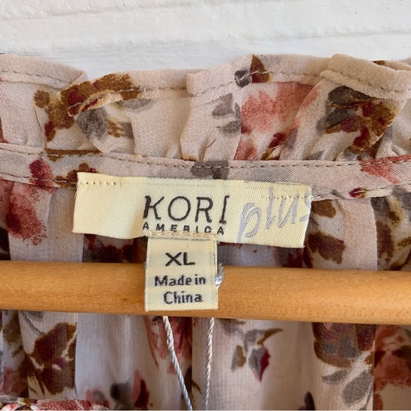 Kori Plus XL Floral smocked waist v neck flutter hem long sleeve mini dress - Picture 14 of 16